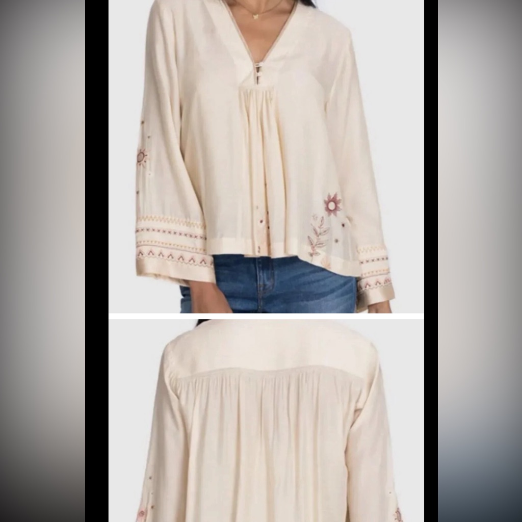 Johnny Was Calme Embroidered Blouse Top Cream Peasant Boho Ethnic Size S Silk